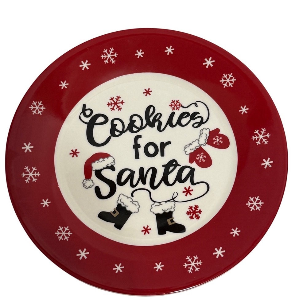 SCM Home Cookies for Santa Christmas Plate Red White Stoneware Snowflake 8 Inch